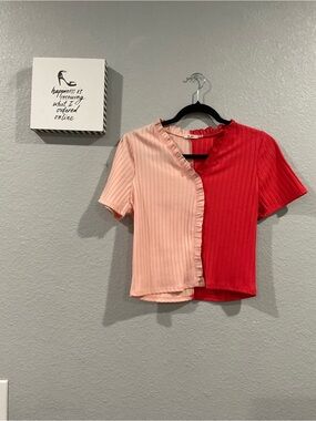 miami Two-Tone Ribbed Crop Top in Pink and Red